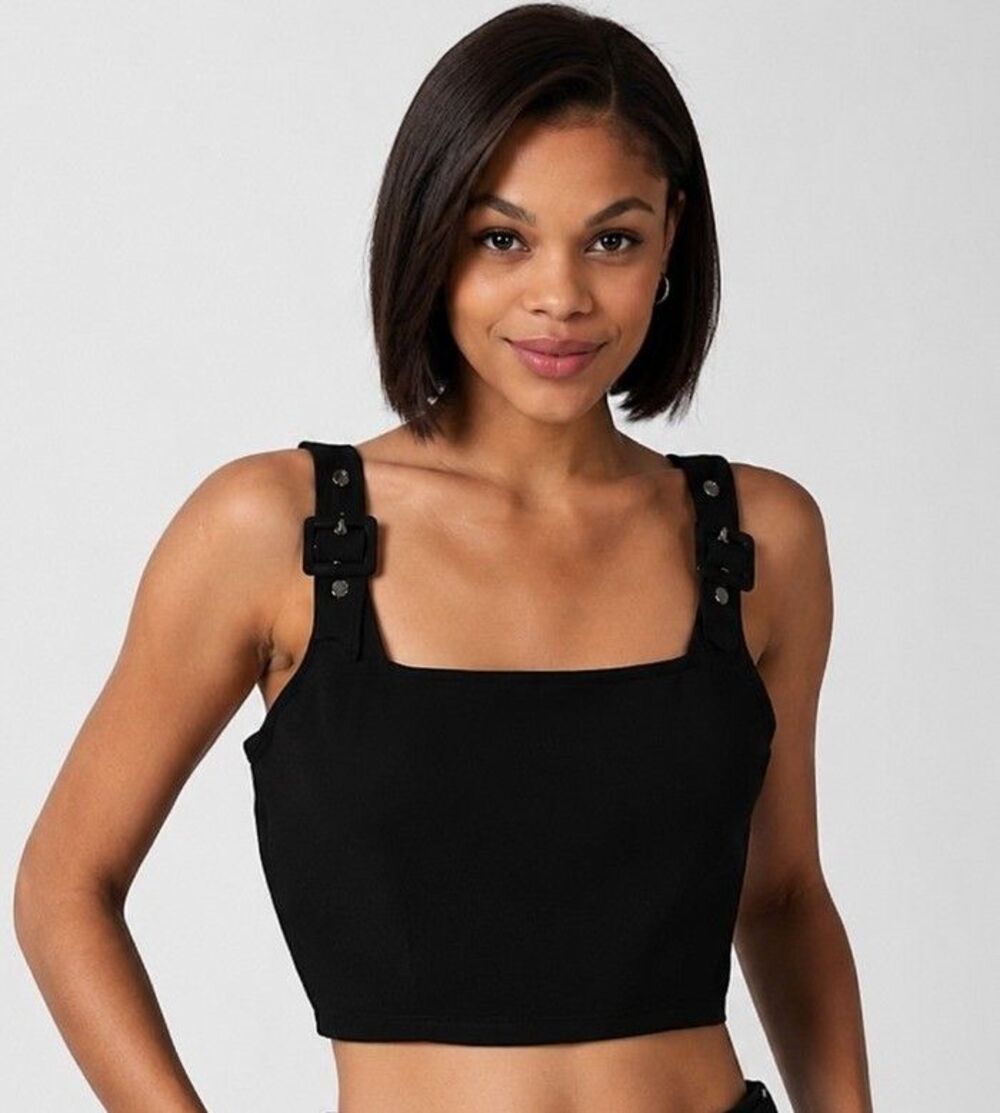 NWT XS Black 90's Style Square Neck Buckle Strap Zip Back Crop Top Forever 21